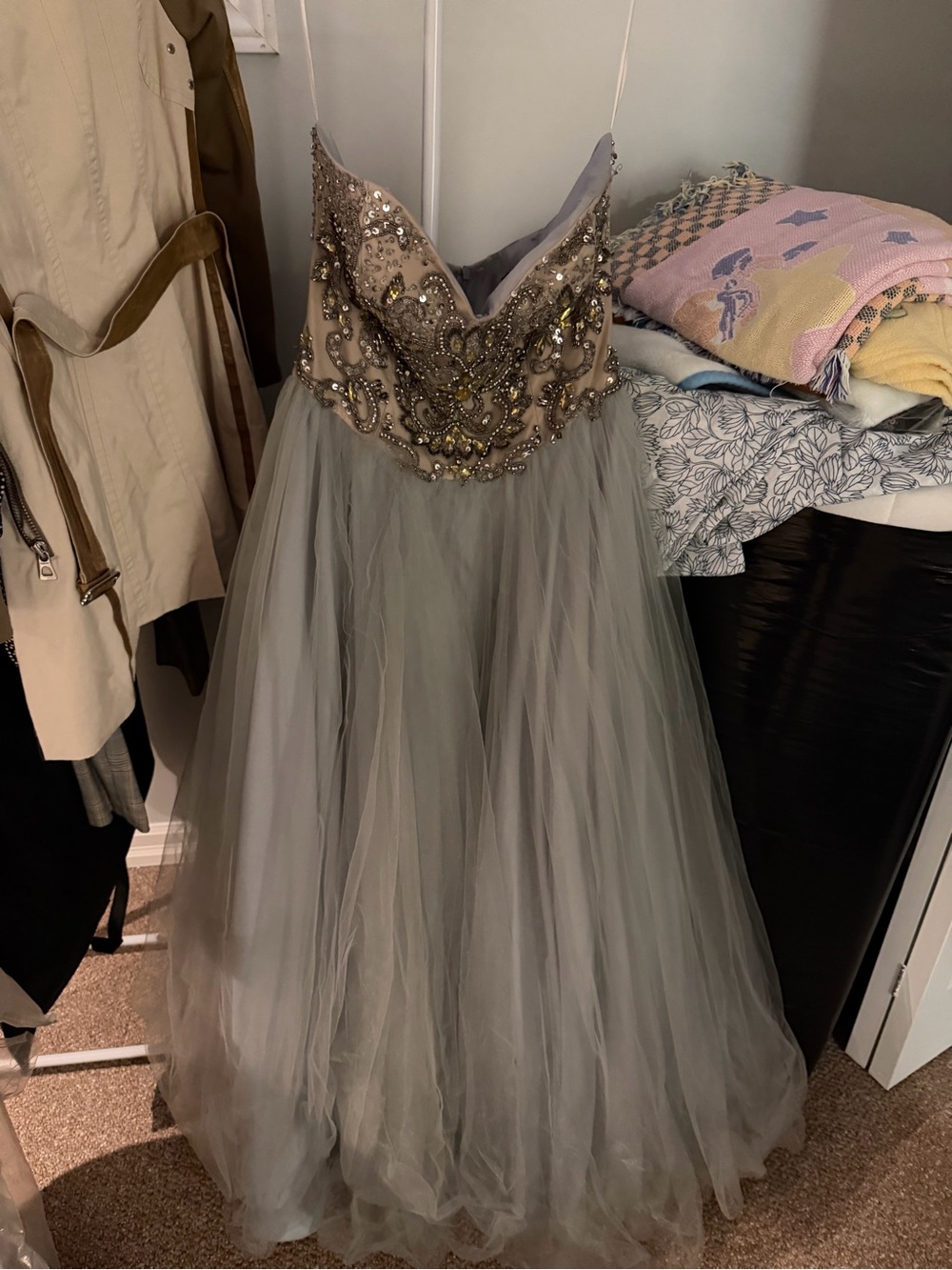 Terani Couture Light Gray Evening Dress with Beaded Accents